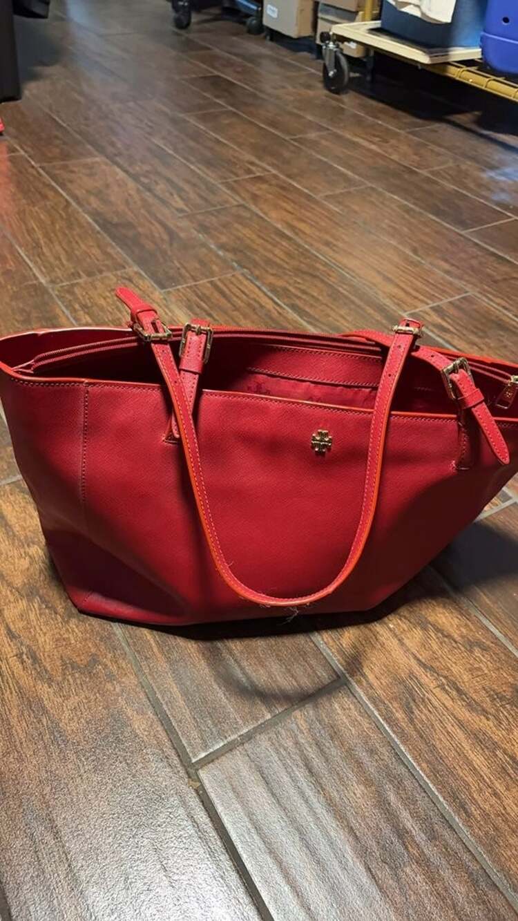 Tory Burch Robinson Red Saffiano Leather Double-Zip Tote Bag